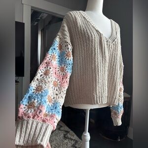 POL Beige Chenille Oversized Granny Square Crochet Sweater Small Boho Chic